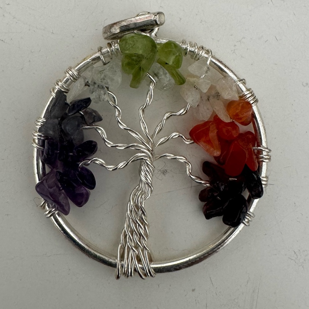 7 Chakra Tree of Life pendant with multi-colored gemstones